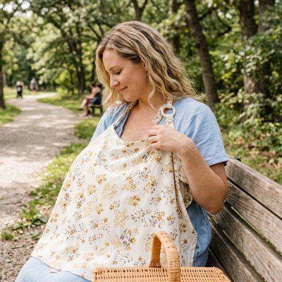 Cape d'allaitement à motifs fleuris portée par une femme assise sur un banc, près d’un panier