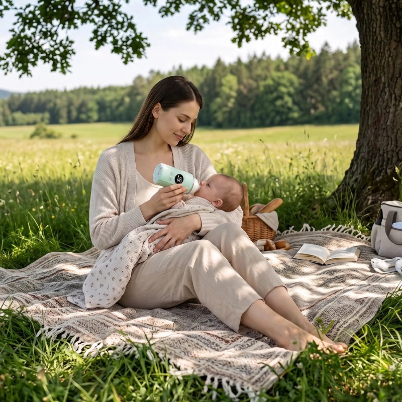 Chauffe biberon nomade menthe utilisé sous un arbre avec bébé