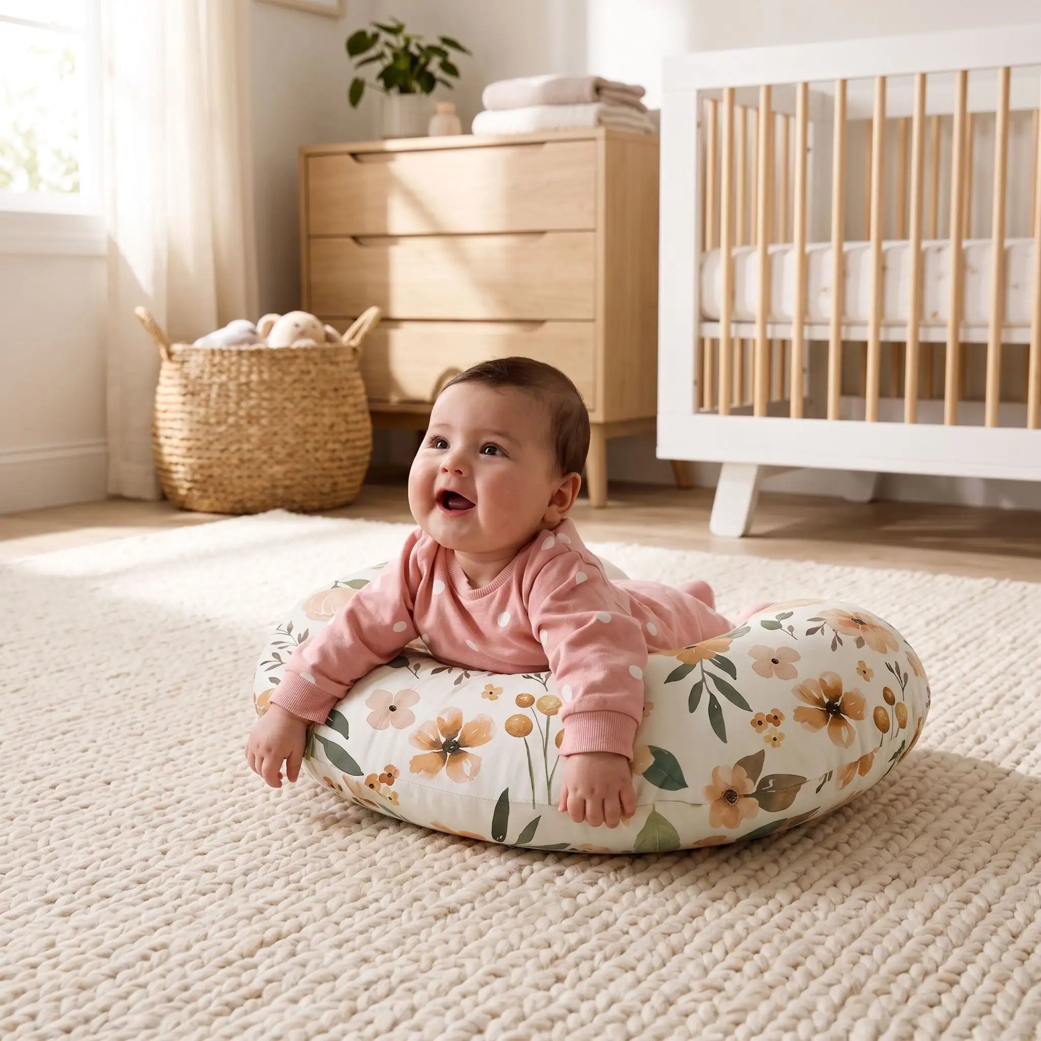 Bébé souriant allongé sur le ventre sur un coussin allaitement en forme de U floral pour l'éveil et le tummy time
