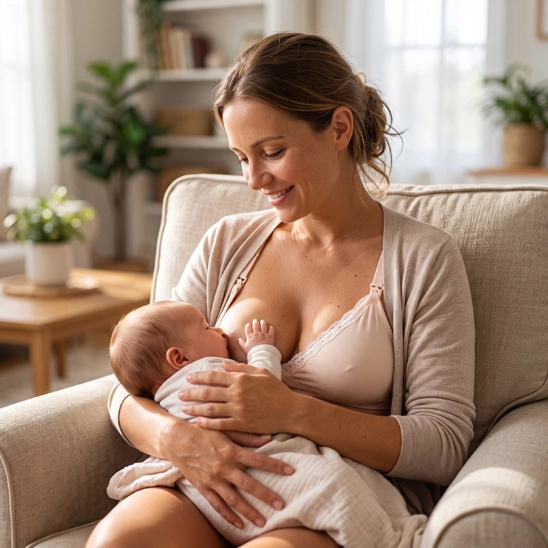 Maman allaitant bébé en soutien gorge allaitement beige