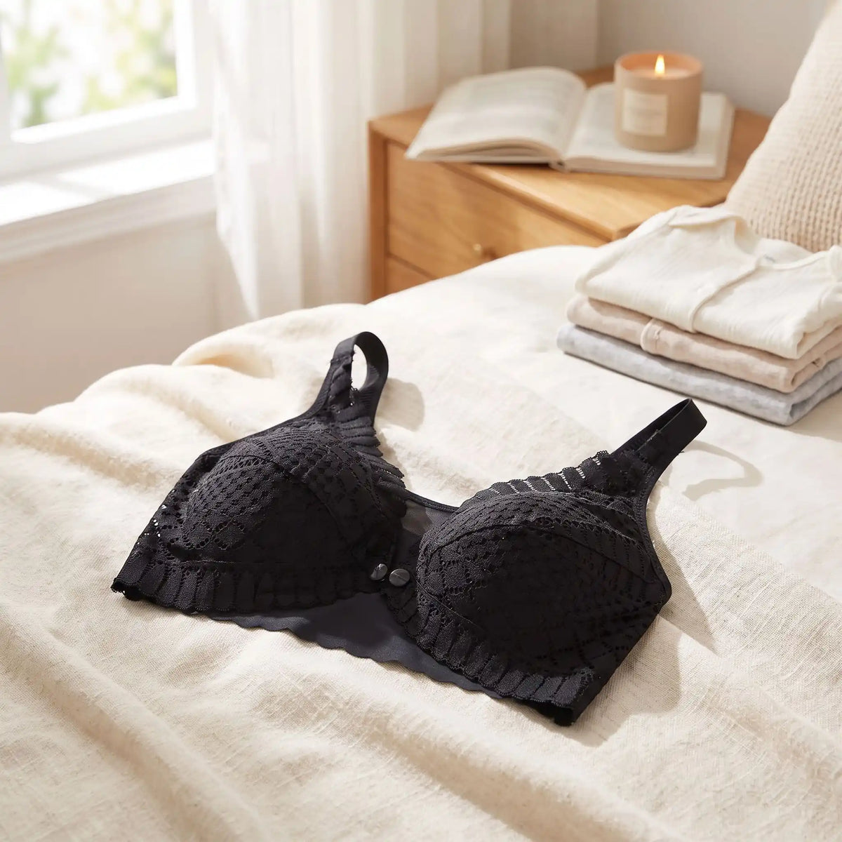 soutien gorge d allaitement noir en dentelle respirante posé sur le lit