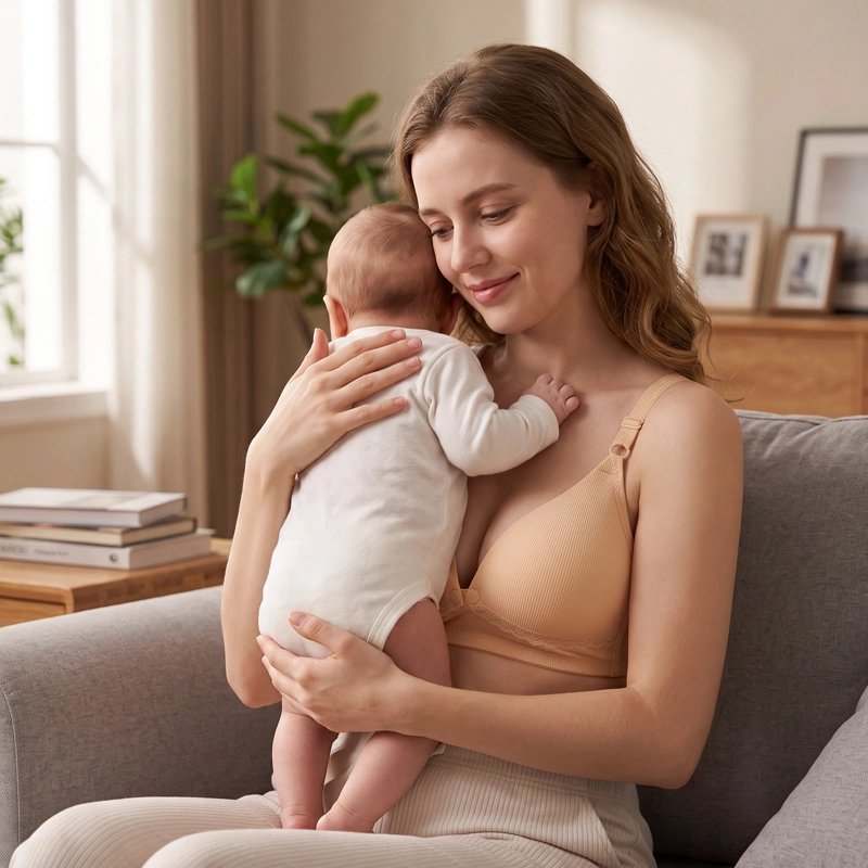 Soutien gorge d'allaitement Jaune sans armature, jeune maman tenant son bébé contre son épaule sur un canapé