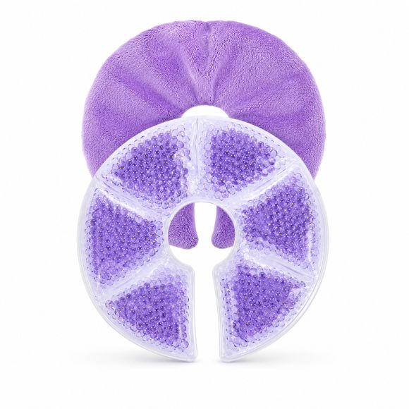 coussinet de gel d'allaitement froid violet présentés séparément tissu et gel