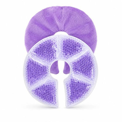 coussinet de gel d'allaitement froid violet présentés séparément tissu et gel