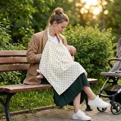 Cape d allaitement blanc cassé à cœurs, maman près d’une poussette.