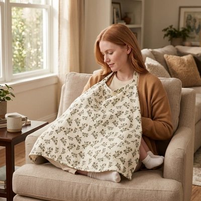 Cape d allaitement blanc cassé à feuilles, maman dans un fauteuil.