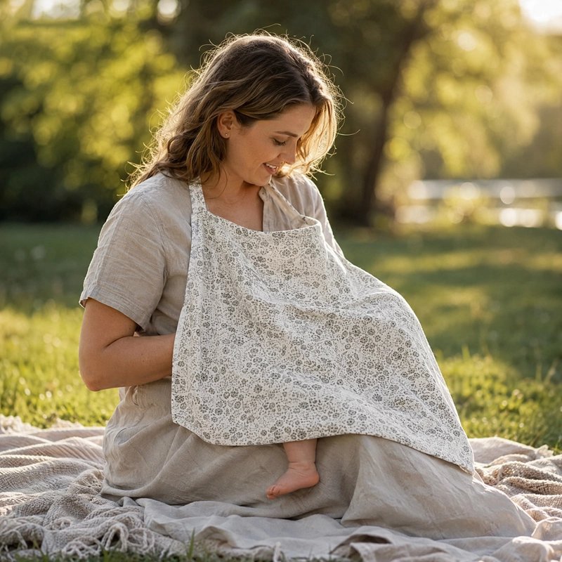 Cape d'allaitement à petit motifs floraux couvrant un bébé dans les bras de sa maman, assise dans l'herbe