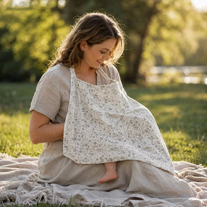 Cape d'allaitement à petit motifs floraux couvrant un bébé dans les bras de sa maman, assise dans l'herbe