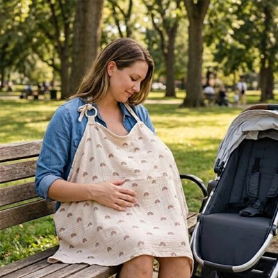 Cape d'allaitement à petits motifs portée par une femme en chemise bleue, près d’une poussette