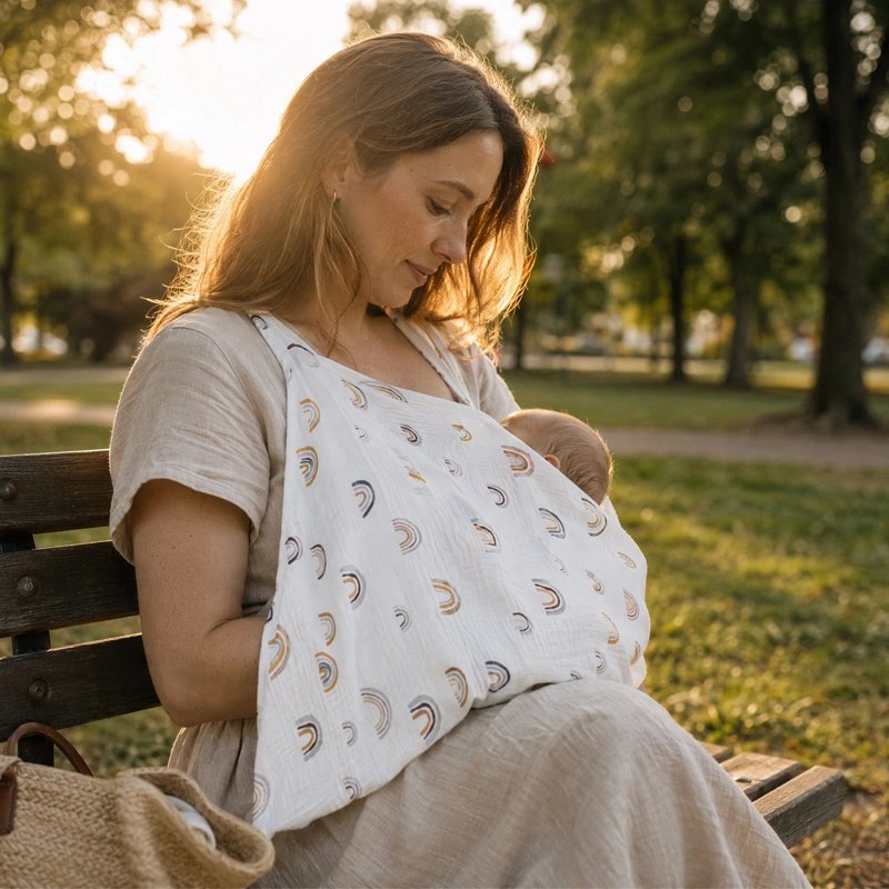 Cape d'allaitement blanche à motifs arc-en-ciel portée par une maman assise sur un banc avec son bébé