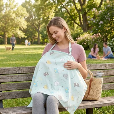 Cape d'allaitement vert clair à motifs animaux, portée par une femme assise près d’un panier.
