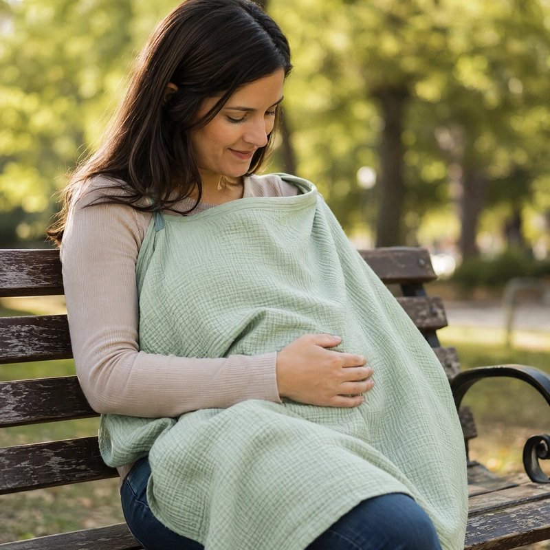 Cape d'allaitement verte avec encolure ouverte, portée par une maman.