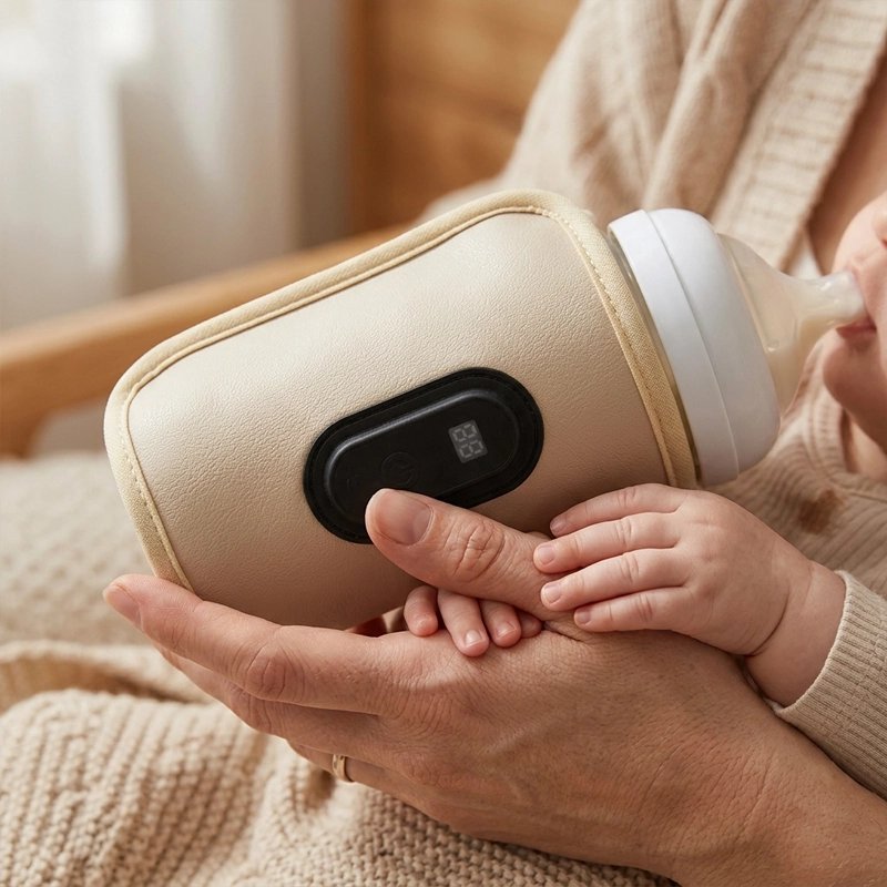 Chauffe biberon nomade beige autour du biberon tenu par bébé