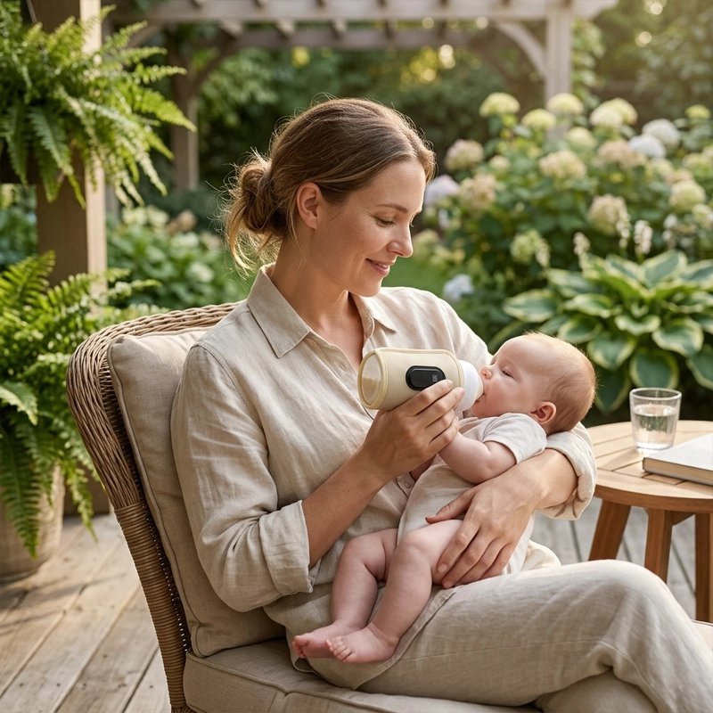 Chauffe biberon nomade beige, maman donnant le biberon en terrasse