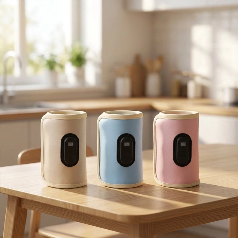 Chauffe biberon nomade en beige, bleu et rose sur table