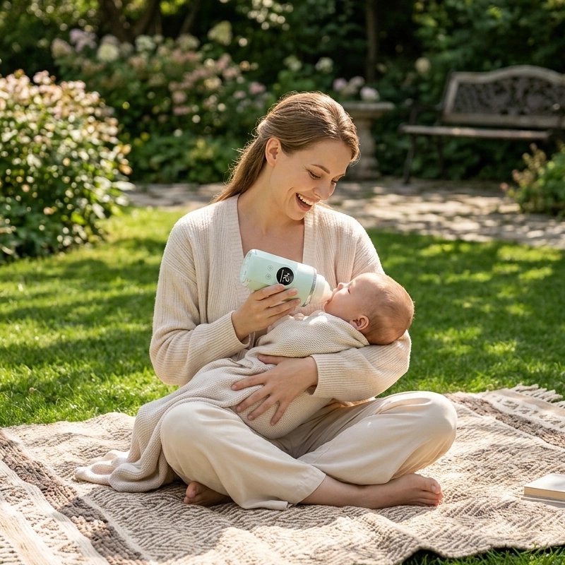 Chauffe biberon nomade menthe utilisé par maman assise au jardin