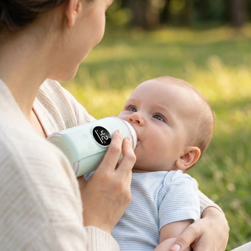 Chauffe biberon nomade menthe utilisé par maman nourrissant son bébé