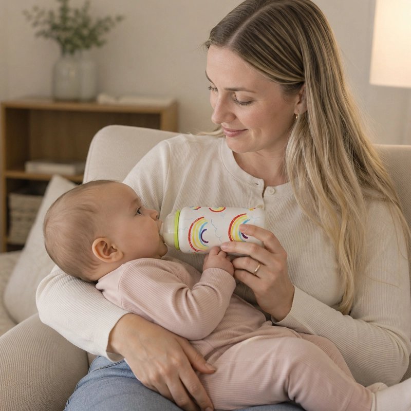 Chauffe biberon nomade motif arc-en-ciel, maman donnant le biberon