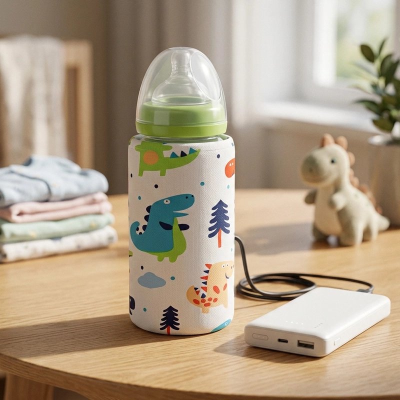 Chauffe biberon nomade motif dinosaure relié à une batterie externe