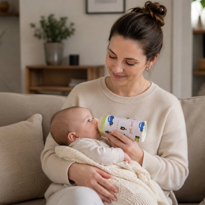 Chauffe biberon nomade motif voiture, bébé dans les bras