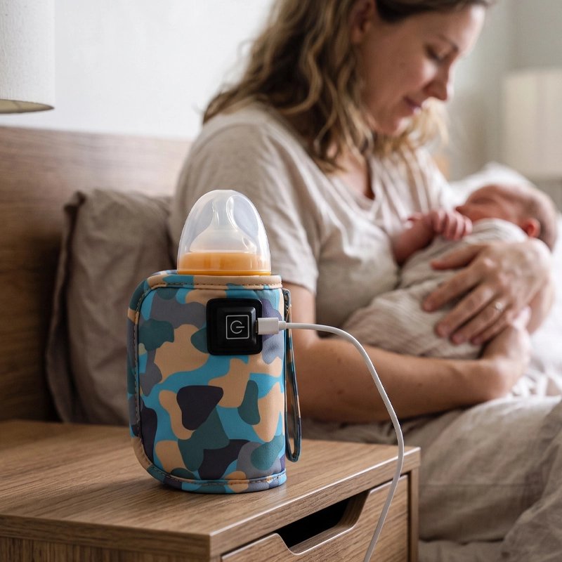 Chauffe biberon nomade multicolore bleu branché près de maman