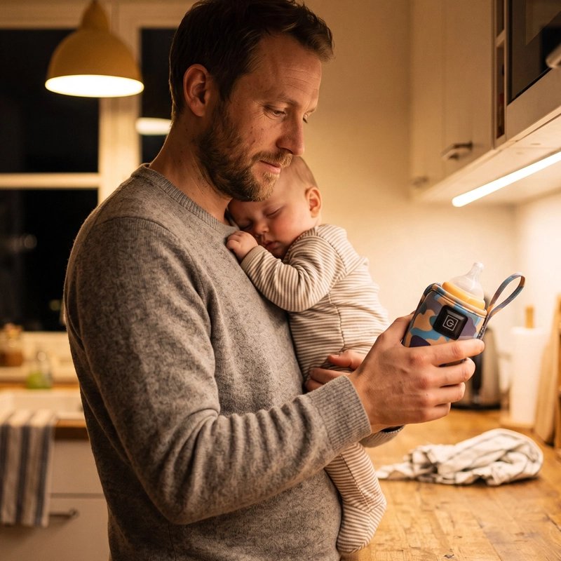 Chauffe biberon nomade multicolore bleu tenu par papa avec bébé