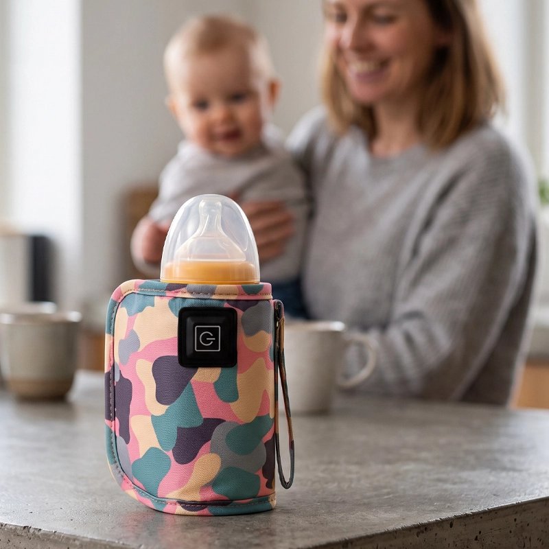 Chauffe biberon nomade multicolore rose devant maman et bébé