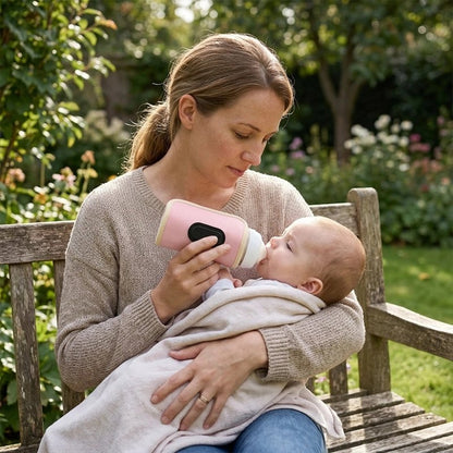 Chauffe biberon nomade rose,  maman donnant le biberon au jardin