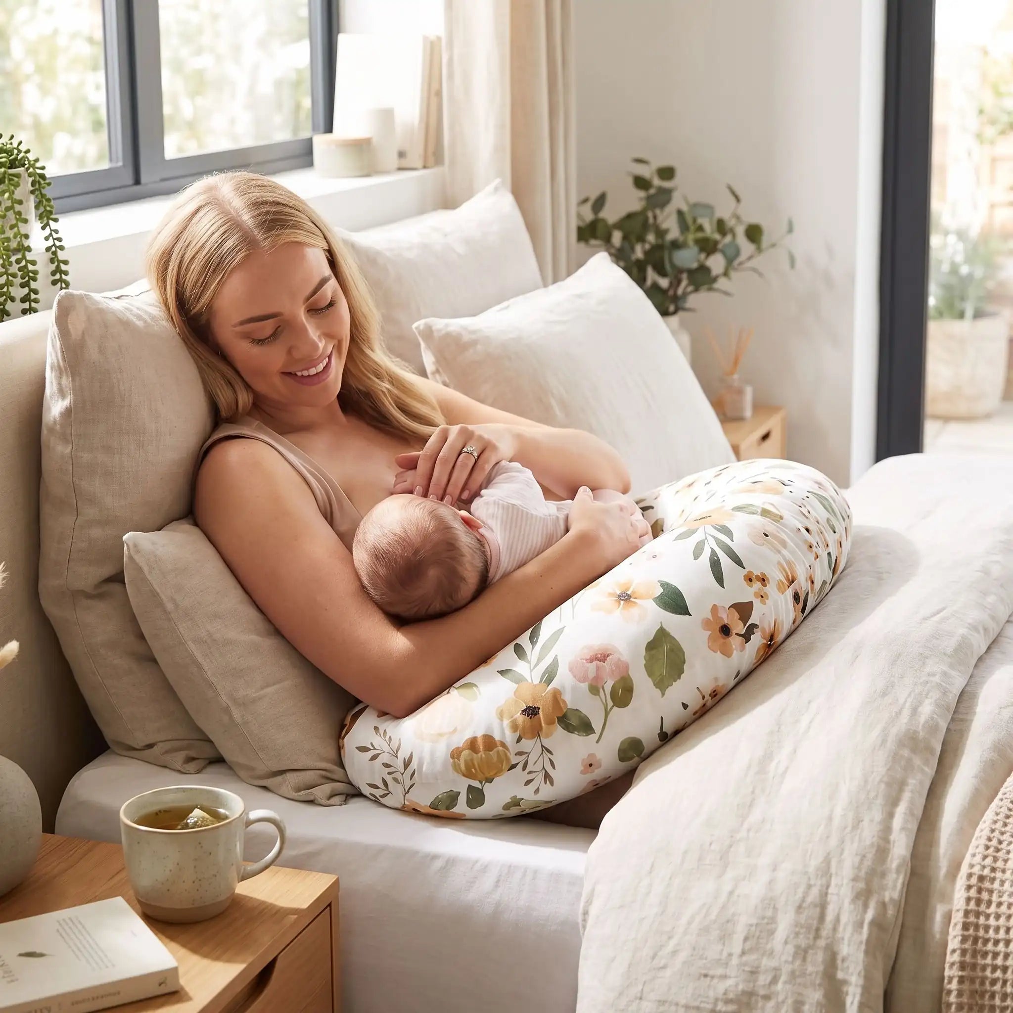 Maman souriante allaitant son nouveau-né confortablement installée avec un coussin allaitement en forme de U à motif floral
