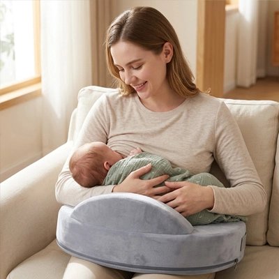 Coussin d'allaitement, maman assise joyeuse allaite bébé