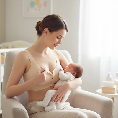 Soutien gorge allaitement beige porté par femme souriante allaitant bébé dans fauteuil 
