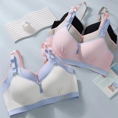 Soutien gorge allaitement lot 3 couleurs rose claire, bleu ciel et écru côtelé à clips