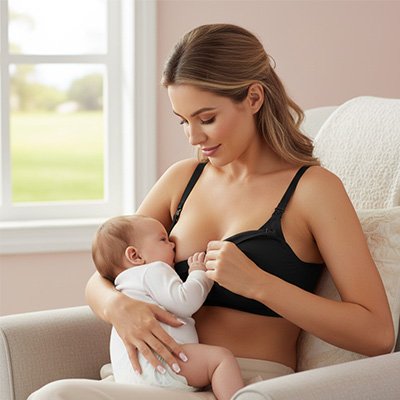 Soutien gorge allaitement noir porté par femme souriante allaitant bébé avec ouverture clip