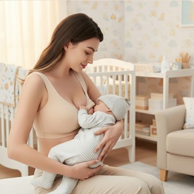 Soutien gorge allaitement porté par femme souriante allaitant bébé en chambre bébé