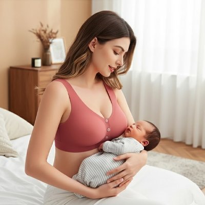 Soutien gorge allaitement rose taupe, porté par femme souriante allaitant bébé