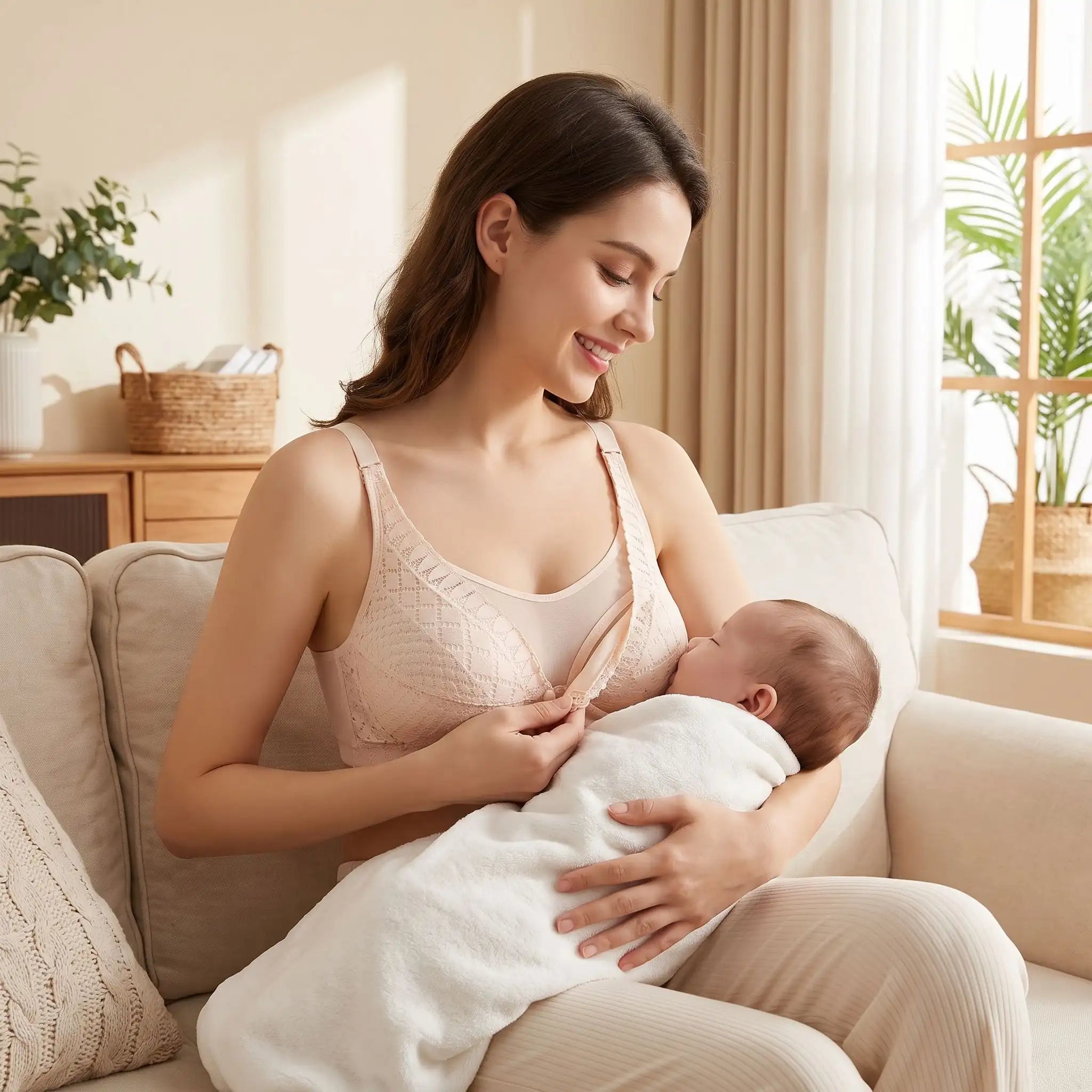 soutien gorge d allaitement beige porté par une maman allaitant son bébé sur un canapé