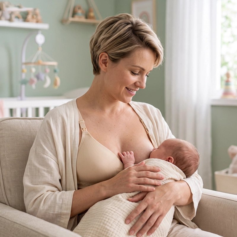 Soutien gorge d'allaitement beige porté par une maman qui allaite son bébé dans les bras.