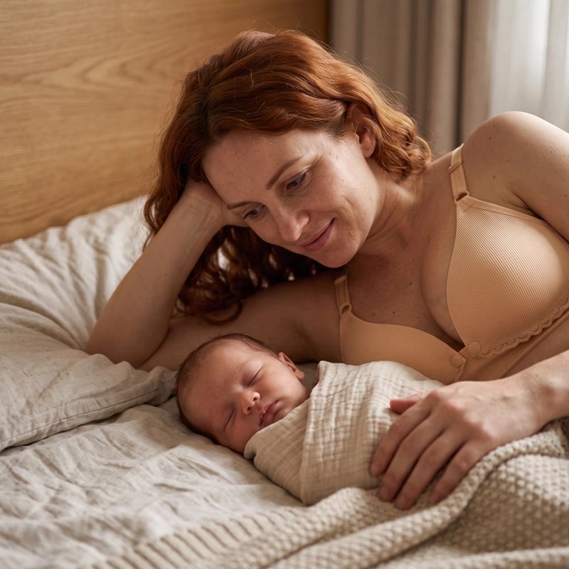 Soutien gorge d'allaitement beige porté par une maman allongée près de son bébé.