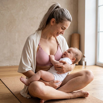 Soutien gorge d'allaitement violet porté par une maman assise avec son bébé dans les bras.